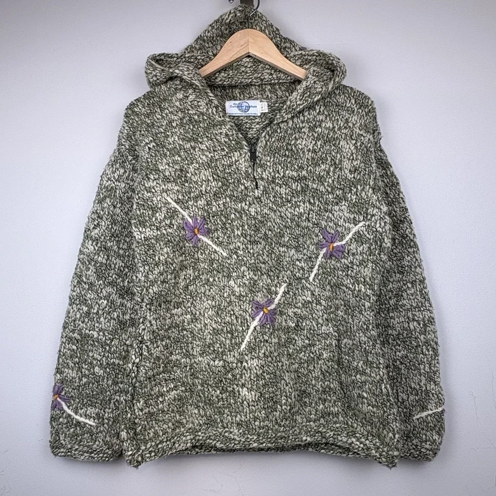 Vtg The Sweater Venture Hand Knit Wool Hooded Jacket Womens L Floral Fairy Boho - Picture 1 of 12
